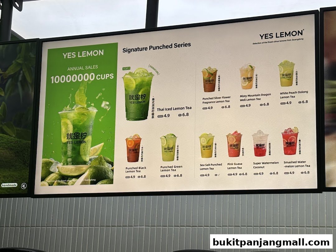 A menu board for YES LEMON featuring various lemon tea drinks and their prices.