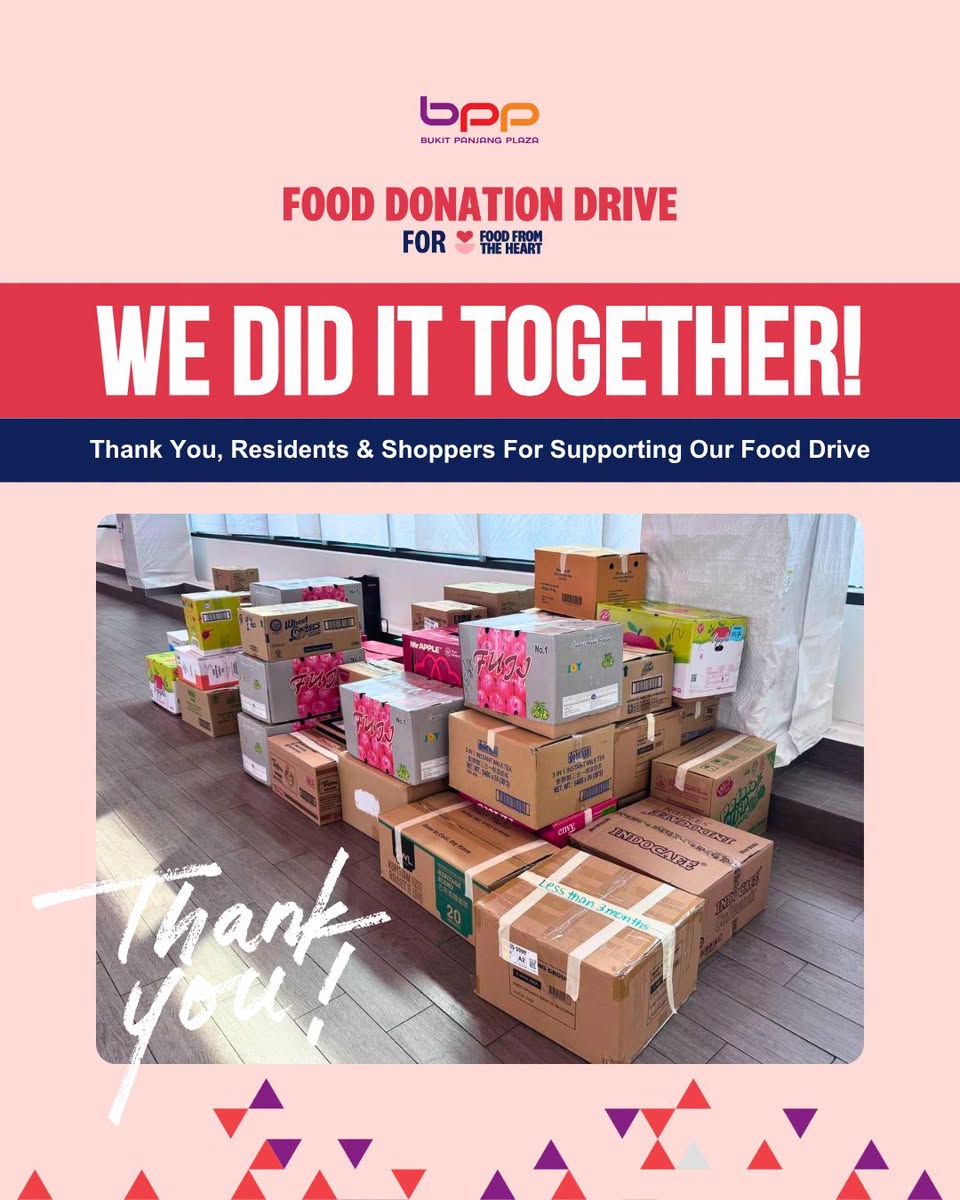 Stacks of food donation boxes at Bukit Panjang Plaza