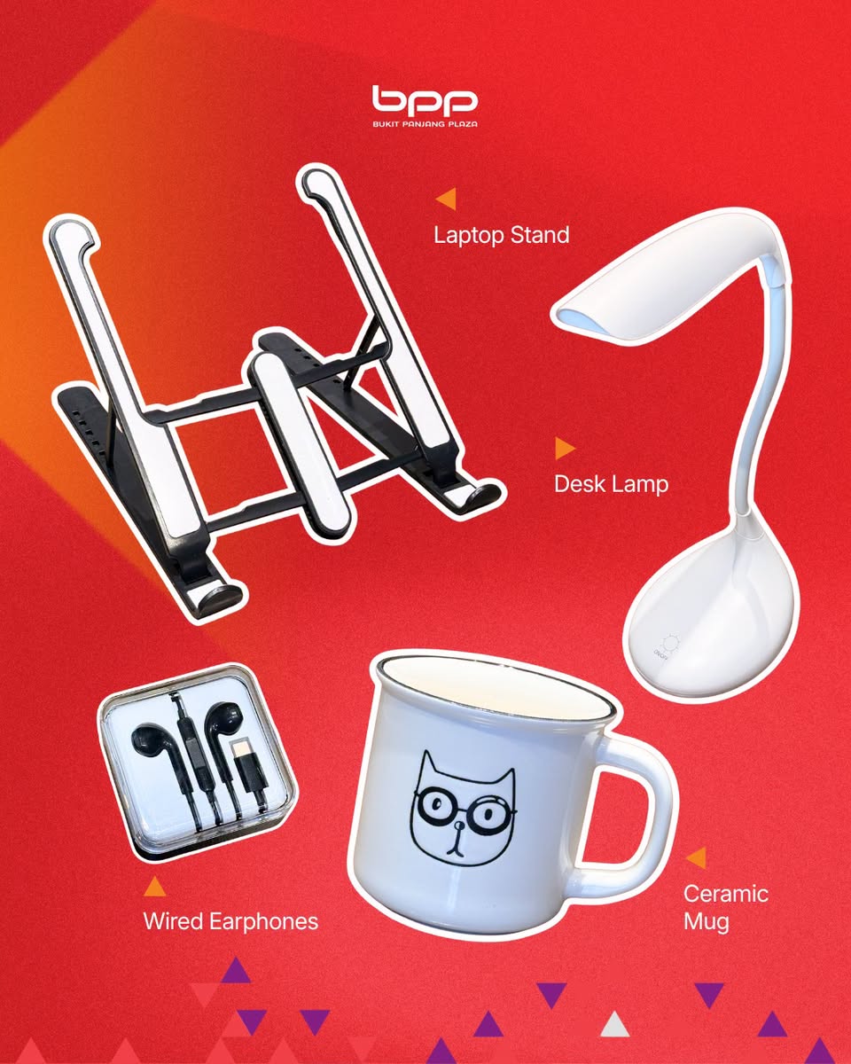 MINISO desk accessories including laptop stand, desk lamp, wired earphones, and ceramic mug